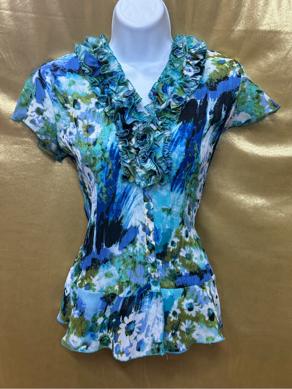 East 5th Blue & Green Floral Ruffle V-Neck Blouse Size Small